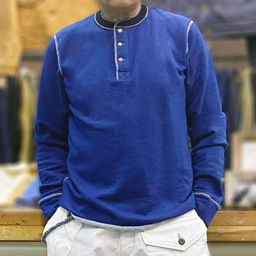 BZEN M.3043 TRACE REGULAR FIT VINTAGE INSPIRED 3 BUTTON INDIGO FRENCH TERRY HENLEY-290GSM-E0 INDIGO