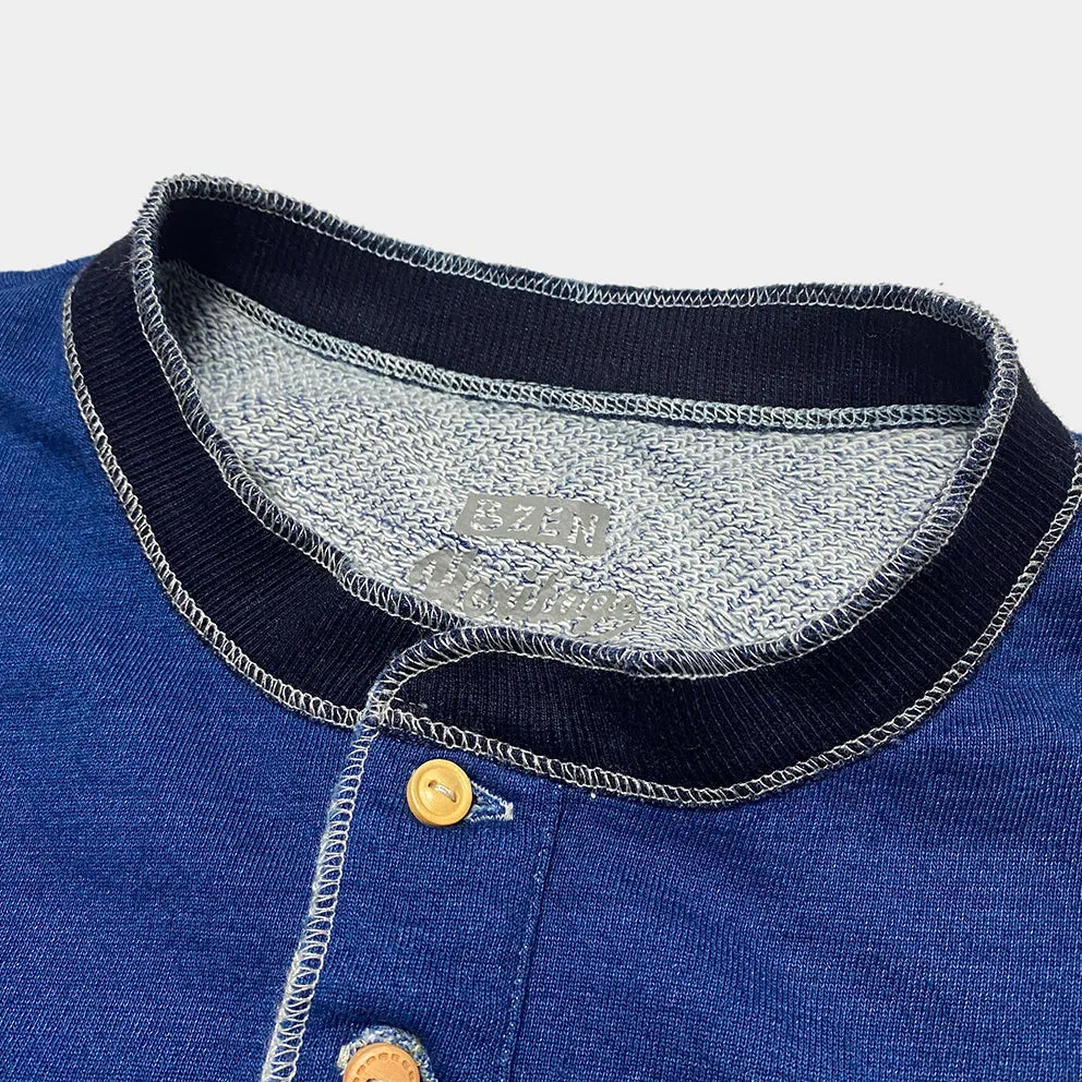 BZEN M.3043 TRACE REGULAR FIT VINTAGE INSPIRED 3 BUTTON INDIGO FRENCH TERRY HENLEY-290GSM-E0 INDIGO