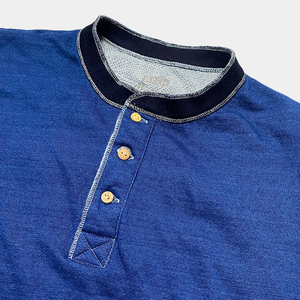 BZEN M.3043 TRACE REGULAR FIT VINTAGE INSPIRED 3 BUTTON INDIGO FRENCH TERRY HENLEY-290GSM-E0 INDIGO