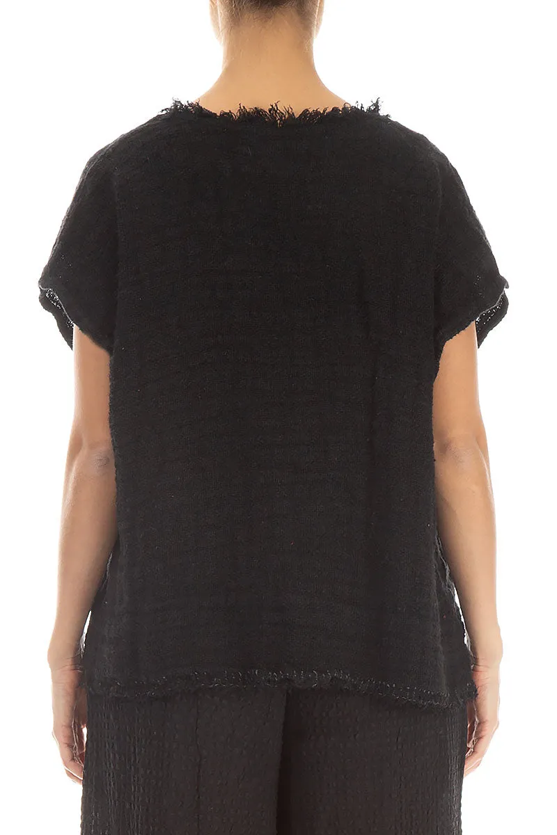 Distressed Black Handwoven Linen Blouse