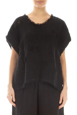 Distressed Black Handwoven Linen Blouse