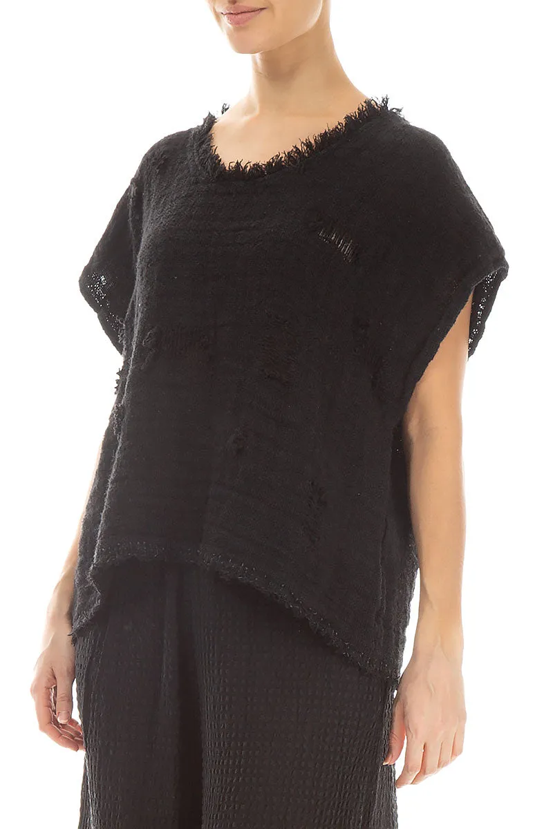 Distressed Black Handwoven Linen Blouse