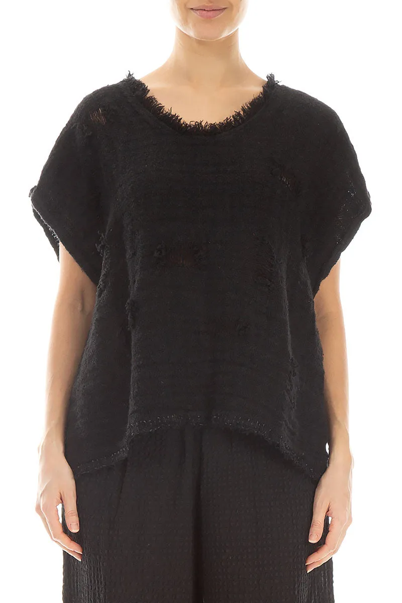 Distressed Black Handwoven Linen Blouse