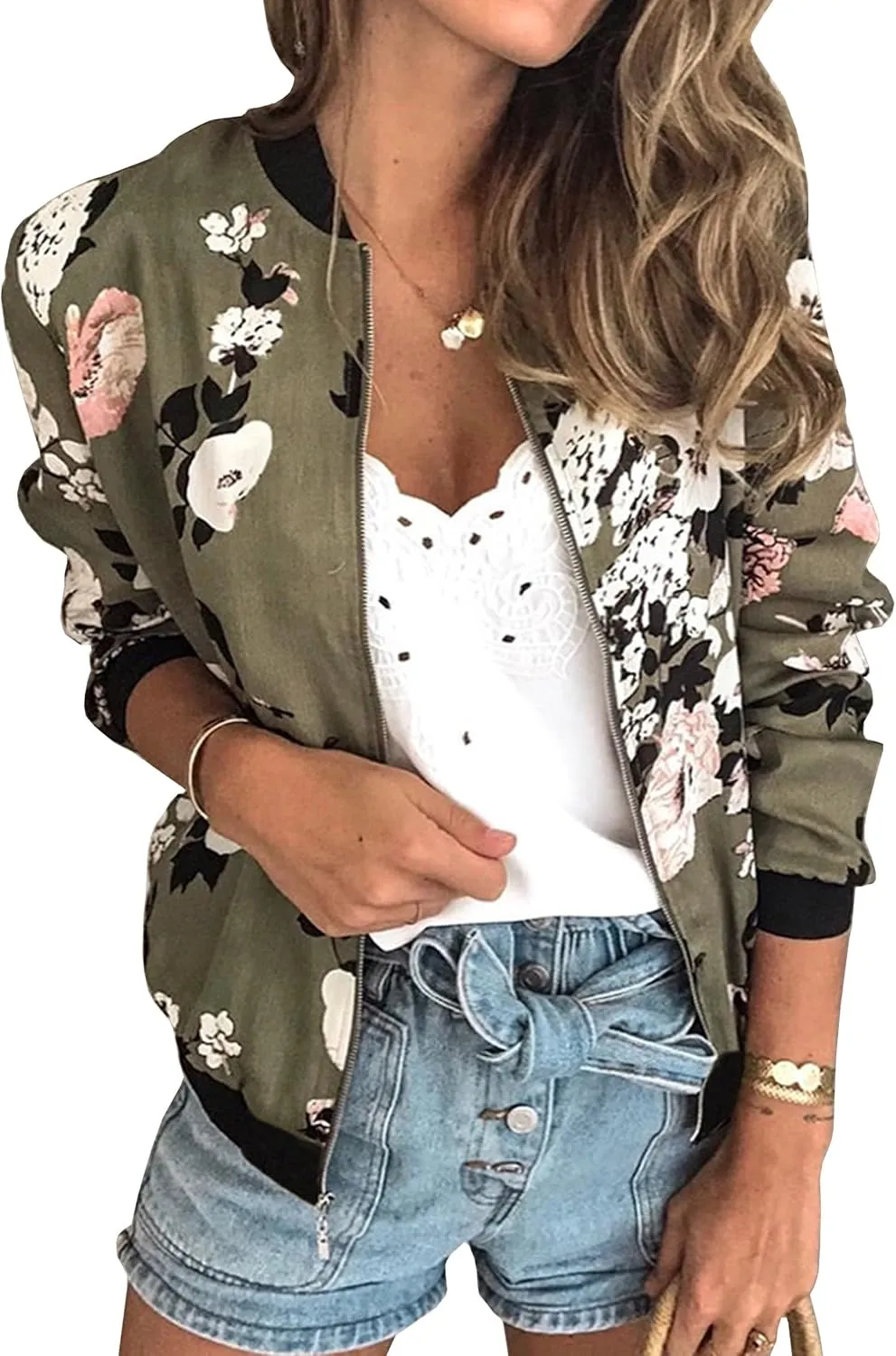 ECOWISH Women's Casual Floral Zip Up Bomber Jacket Coat Lightweight Short Camo No Lining Outwear Tops Windbreaker with Pocket