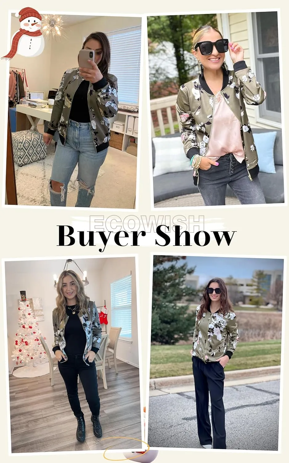 ECOWISH Women's Casual Floral Zip Up Bomber Jacket Coat Lightweight Short Camo No Lining Outwear Tops Windbreaker with Pocket