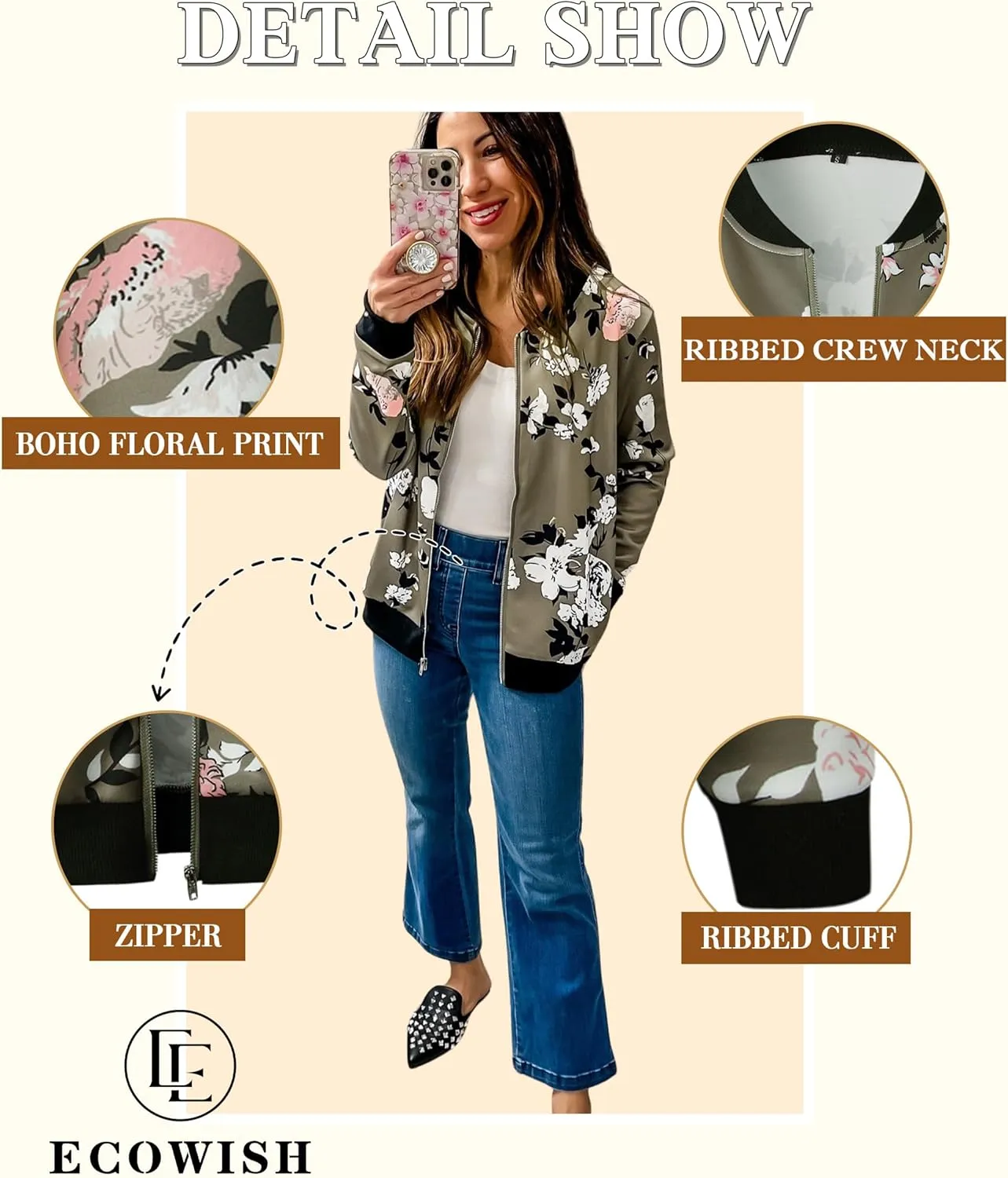 ECOWISH Women's Casual Floral Zip Up Bomber Jacket Coat Lightweight Short Camo No Lining Outwear Tops Windbreaker with Pocket