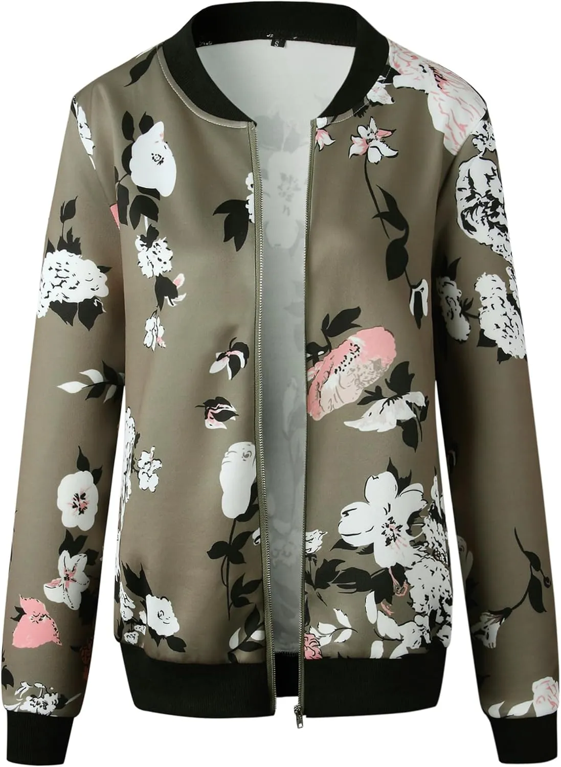 ECOWISH Women's Casual Floral Zip Up Bomber Jacket Coat Lightweight Short Camo No Lining Outwear Tops Windbreaker with Pocket