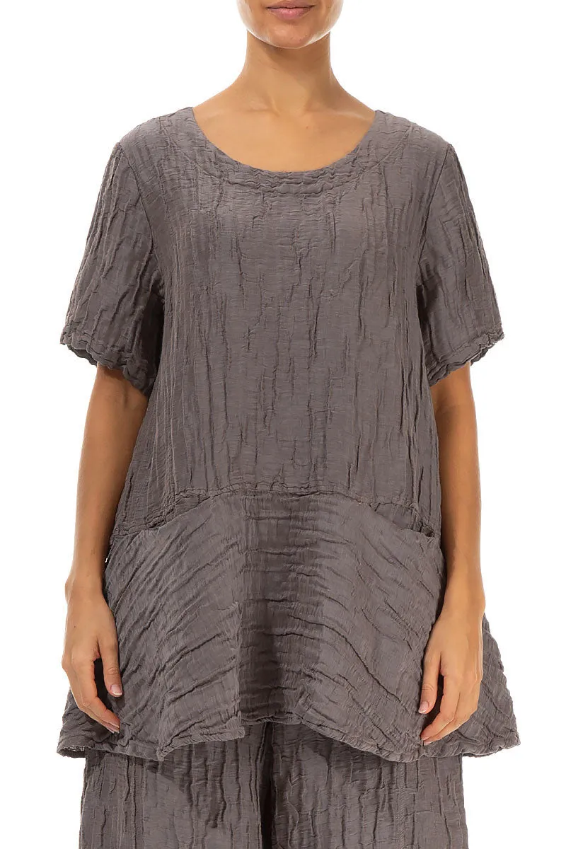 Flared Pockets Crinkled Truffle Silk Blouse