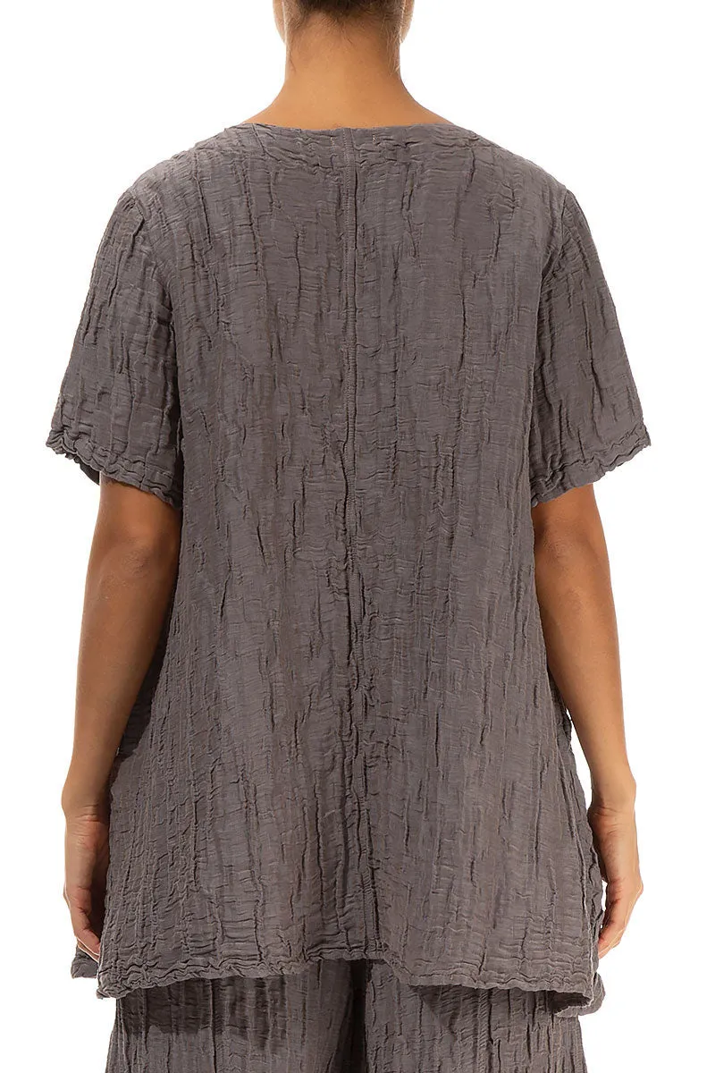 Flared Pockets Crinkled Truffle Silk Blouse