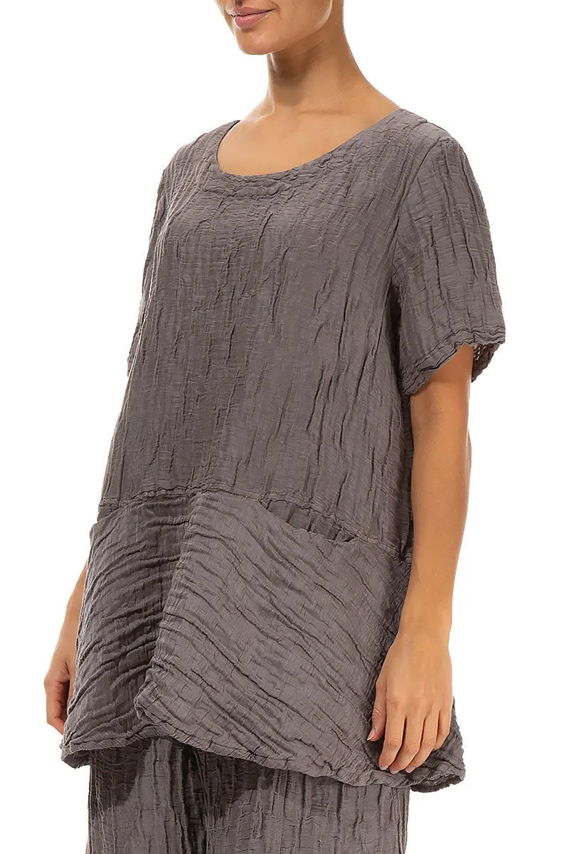 Flared Pockets Crinkled Truffle Silk Blouse