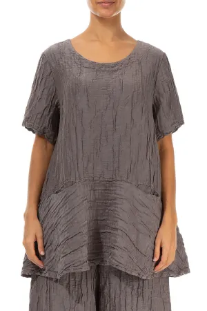 Flared Pockets Crinkled Truffle Silk Blouse