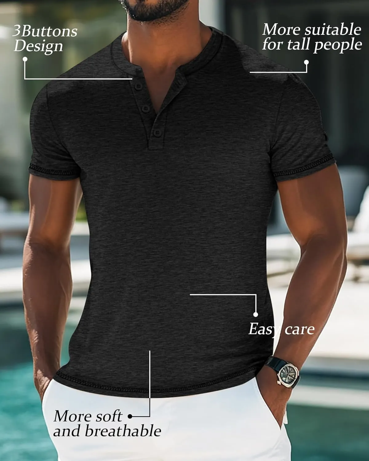 Huukeay 3 Pack Men's Big & Tall Henley Short Sleeve Shirts, Cotton Crew Neck Casual Button T-Shirts Summer Basic Tees Tops