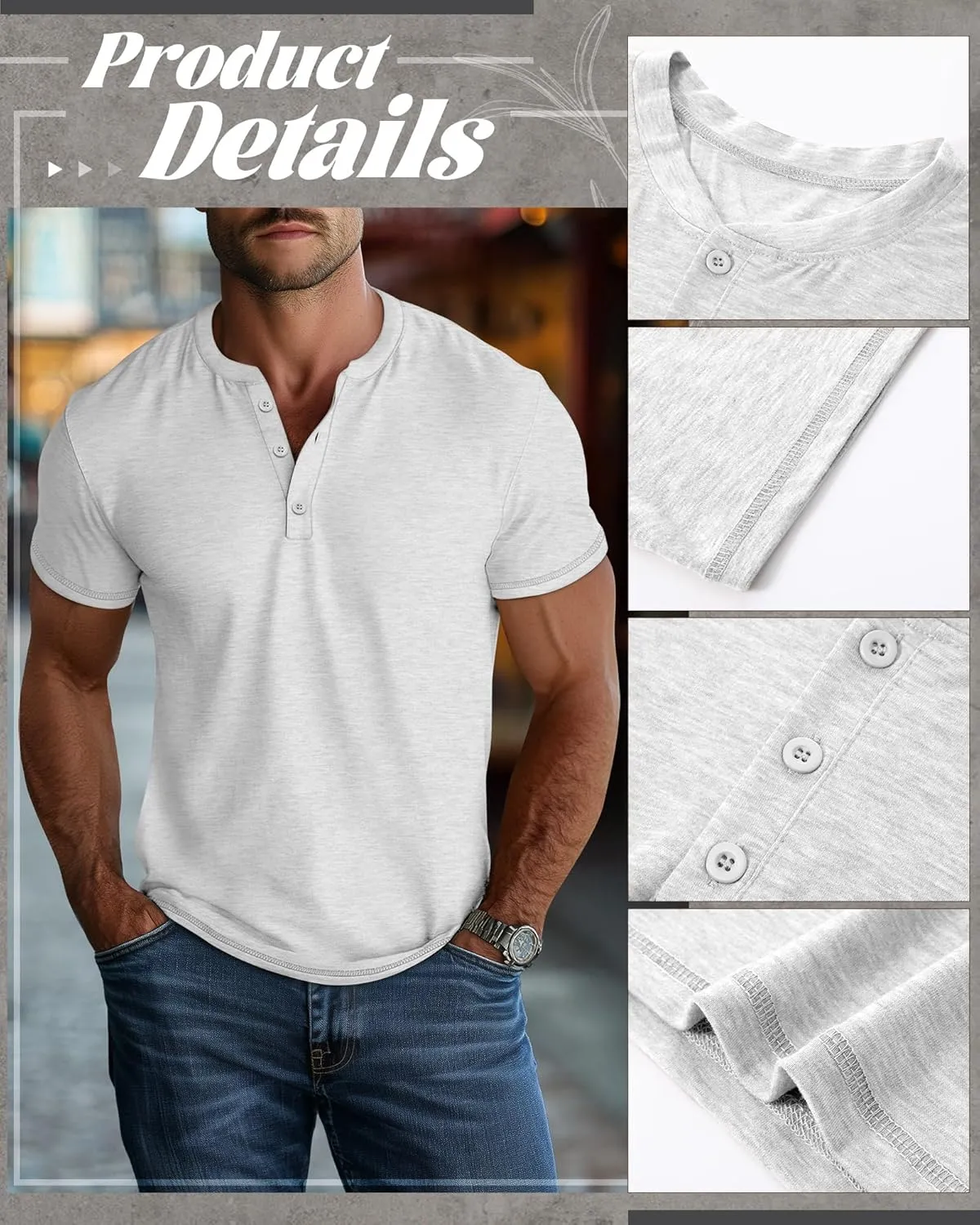 Huukeay 3 Pack Men's Big & Tall Henley Short Sleeve Shirts, Cotton Crew Neck Casual Button T-Shirts Summer Basic Tees Tops