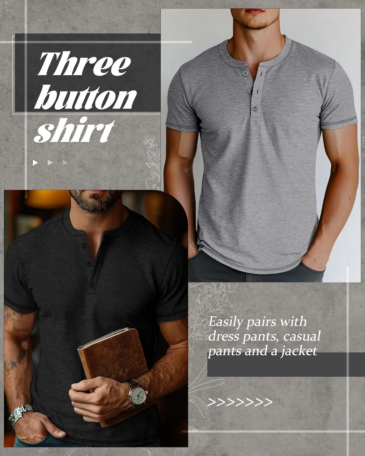 Huukeay 3 Pack Men's Big & Tall Henley Short Sleeve Shirts, Cotton Crew Neck Casual Button T-Shirts Summer Basic Tees Tops