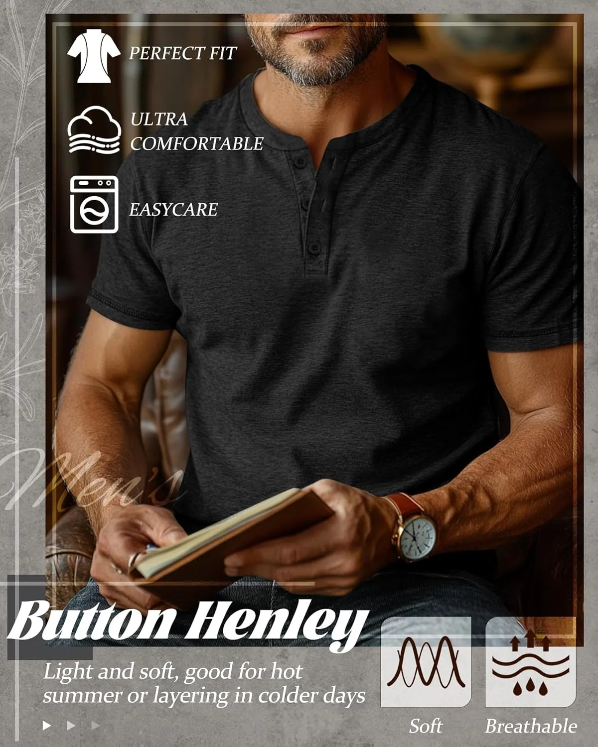 Huukeay 3 Pack Men's Big & Tall Henley Short Sleeve Shirts, Cotton Crew Neck Casual Button T-Shirts Summer Basic Tees Tops