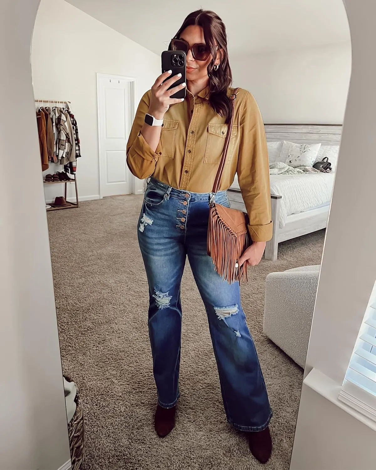 LookbookStore Women's Long Sleeve Collared Shirt Button Down Denim Blouse Tops