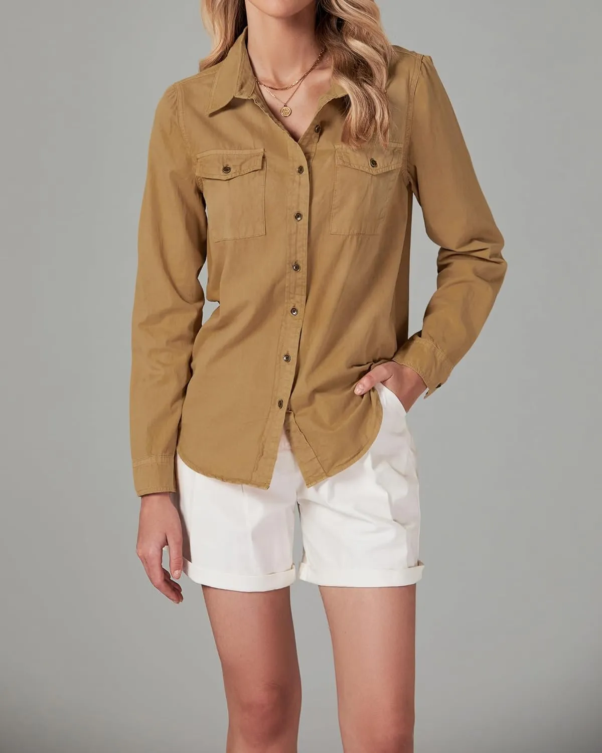 LookbookStore Women's Long Sleeve Collared Shirt Button Down Denim Blouse Tops