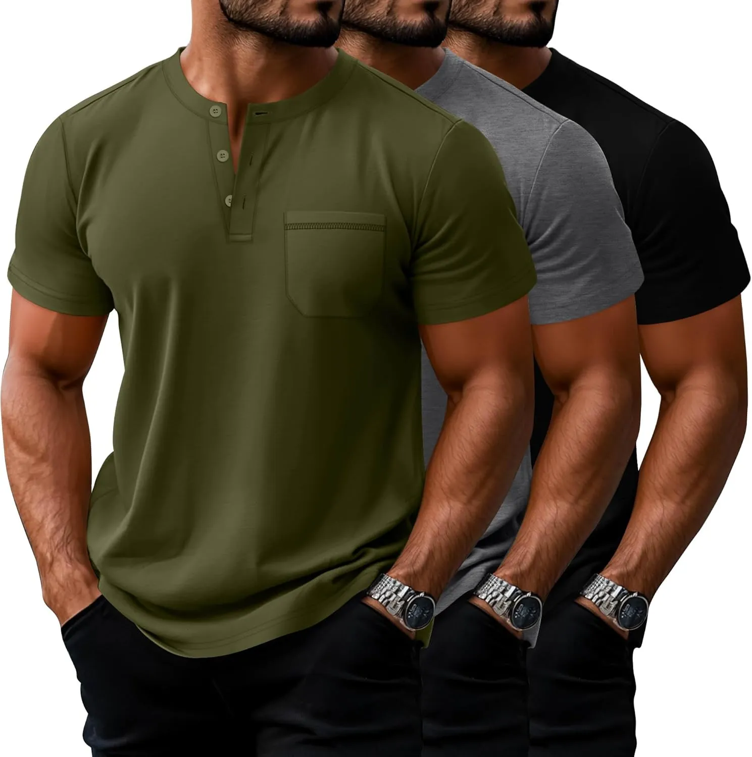 Riyiper 3 Pack Men's Big and Tall Henley T-Shirts, Short Sleeve Pocket Cotton Loose Fit Shirt Summer Oversized Button Tee