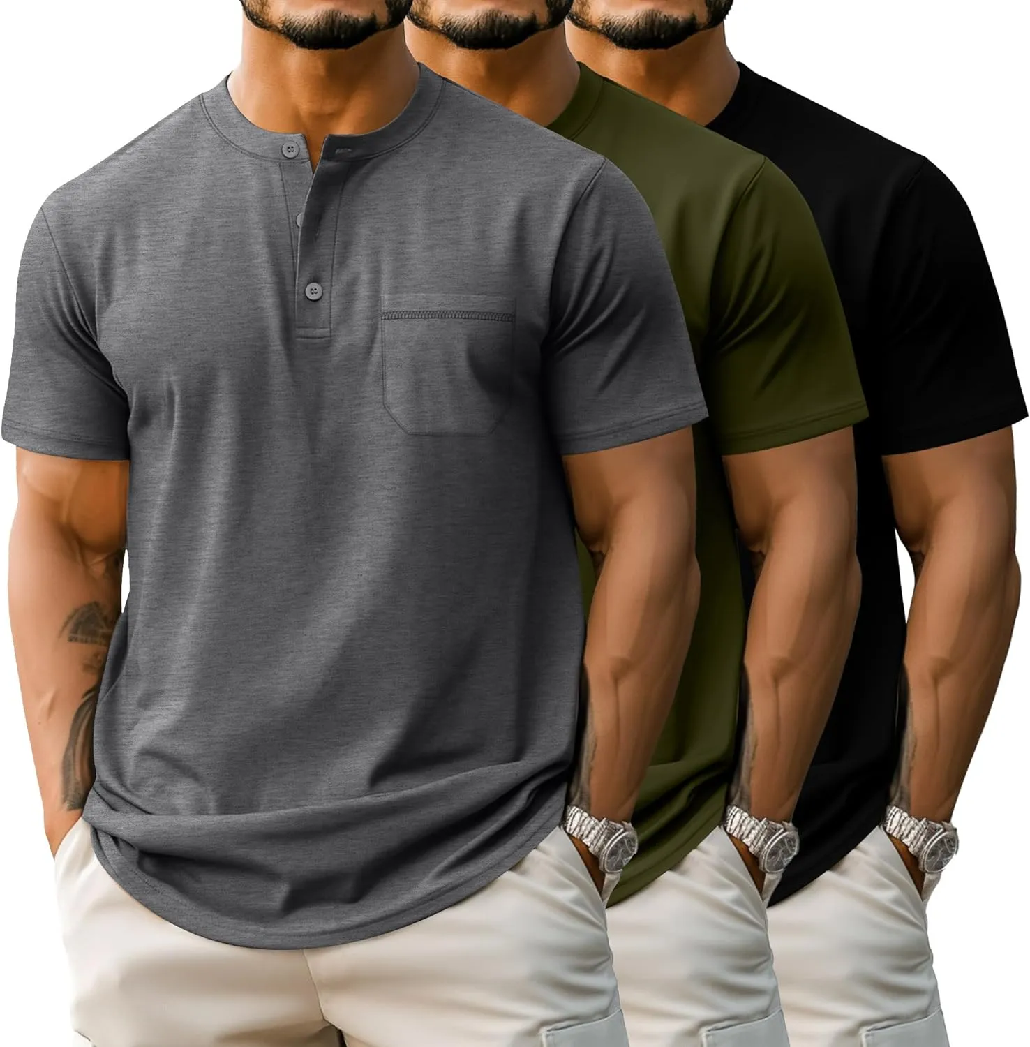 Riyiper 3 Pack Men's Big and Tall Henley T-Shirts, Short Sleeve Pocket Cotton Loose Fit Shirt Summer Oversized Button Tee