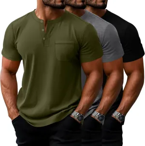 Riyiper 3 Pack Men's Big and Tall Henley T-Shirts, Short Sleeve Pocket Cotton Loose Fit Shirt Summer Oversized Button Tee