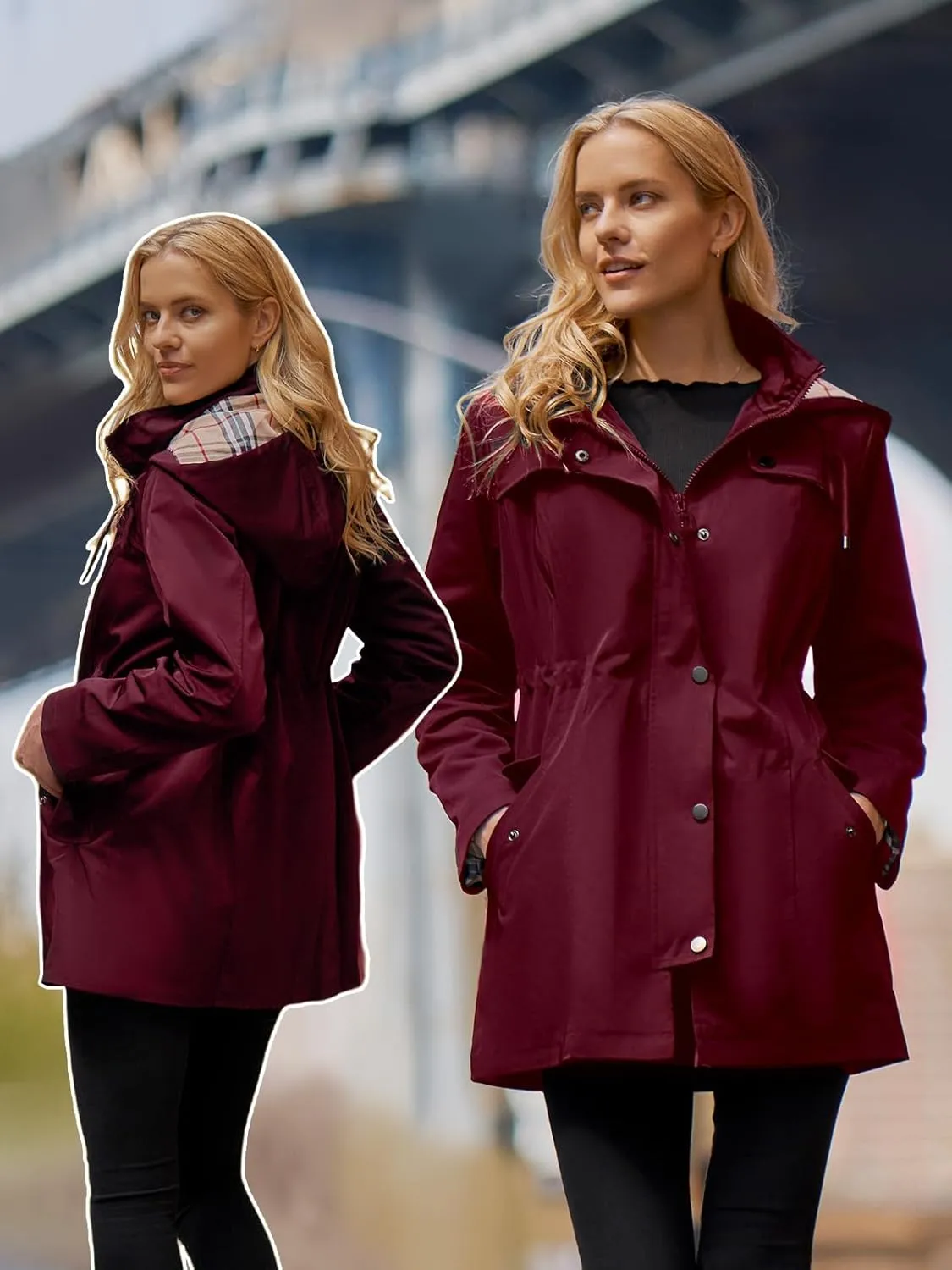 SaphiRose Women's Long Hooded Rain Jacket Outdoor Raincoat Windbreaker