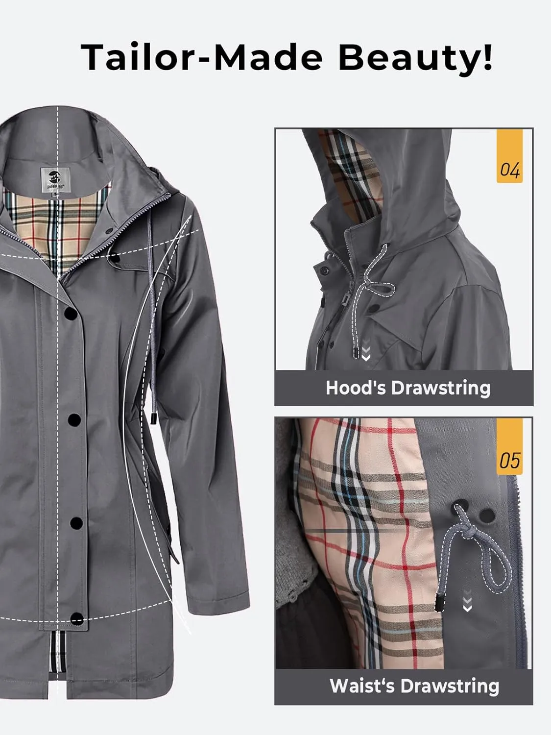 SaphiRose Women's Long Hooded Rain Jacket Outdoor Raincoat Windbreaker