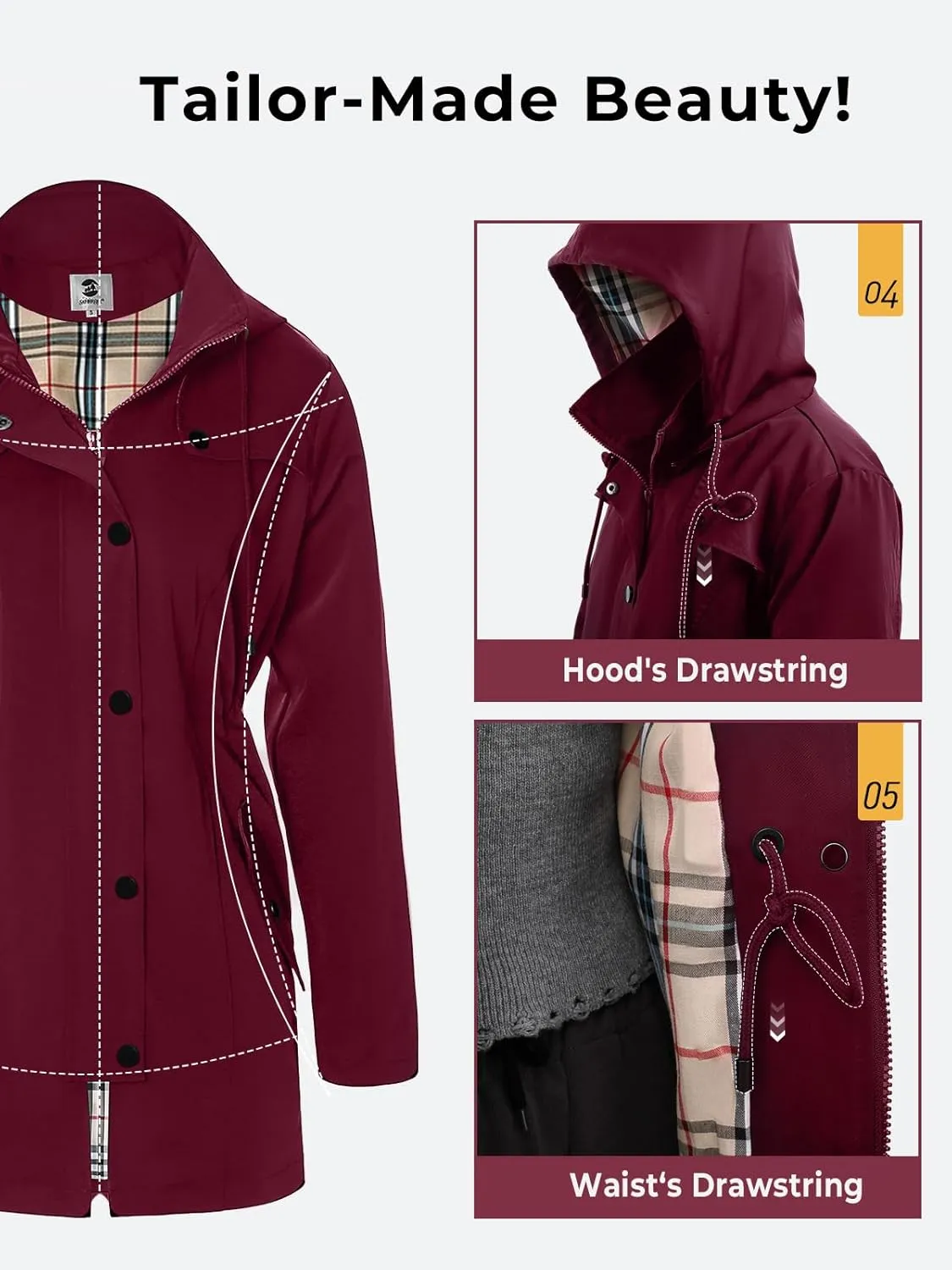 SaphiRose Women's Long Hooded Rain Jacket Outdoor Raincoat Windbreaker