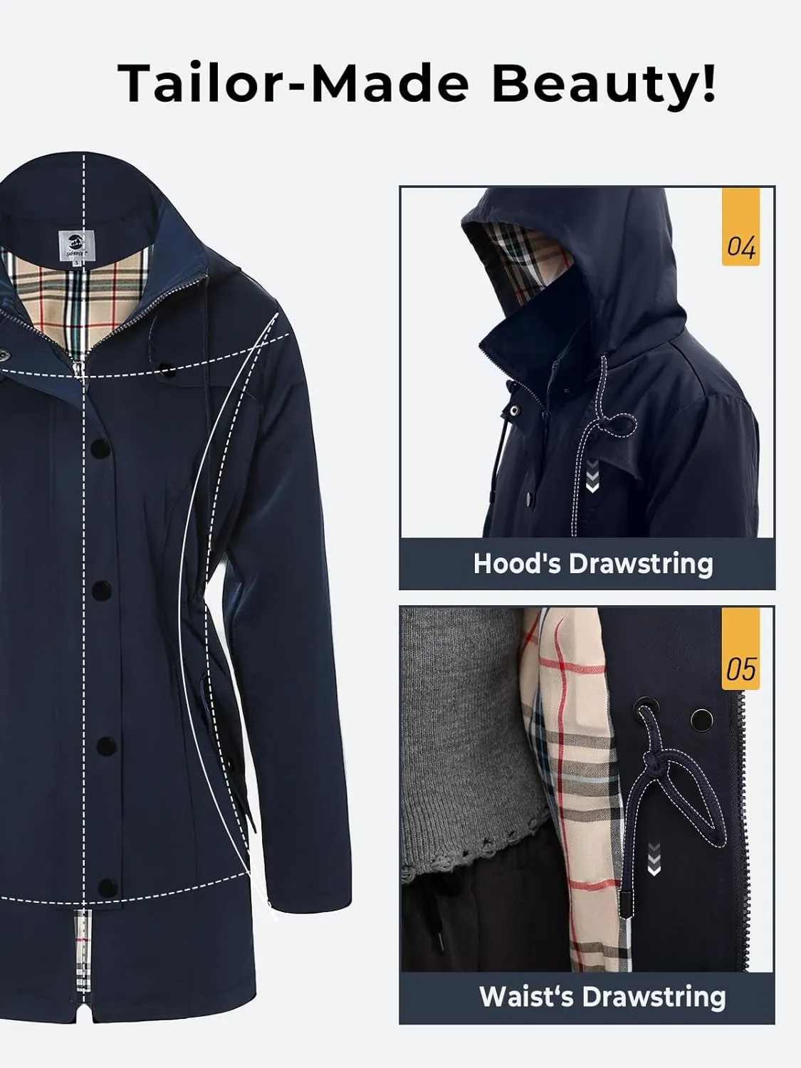 SaphiRose Women's Long Hooded Rain Jacket Outdoor Raincoat Windbreaker