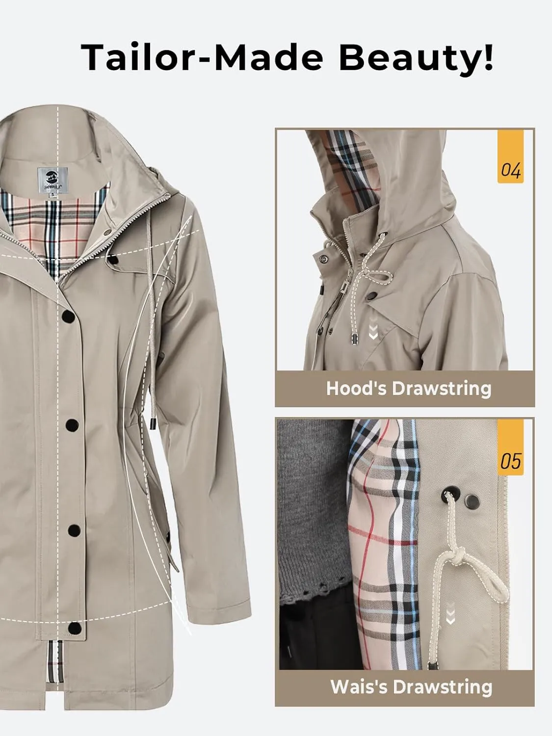 SaphiRose Women's Long Hooded Rain Jacket Outdoor Raincoat Windbreaker