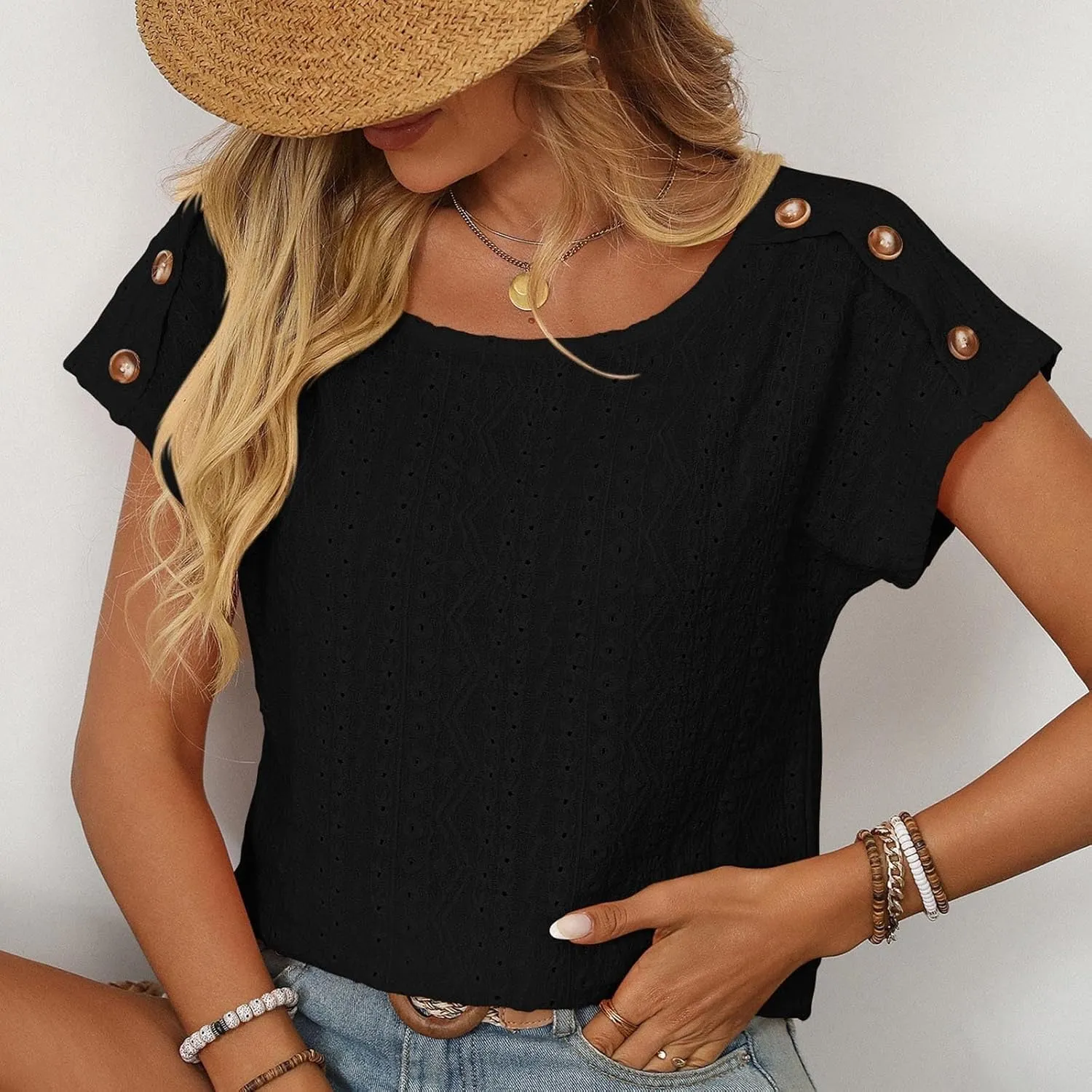 Short Sleeve Shirt Womens Round Neck Eyelet Embroidery Tee Blouse Hollow Out Going Out Basic Casual Loose Tops