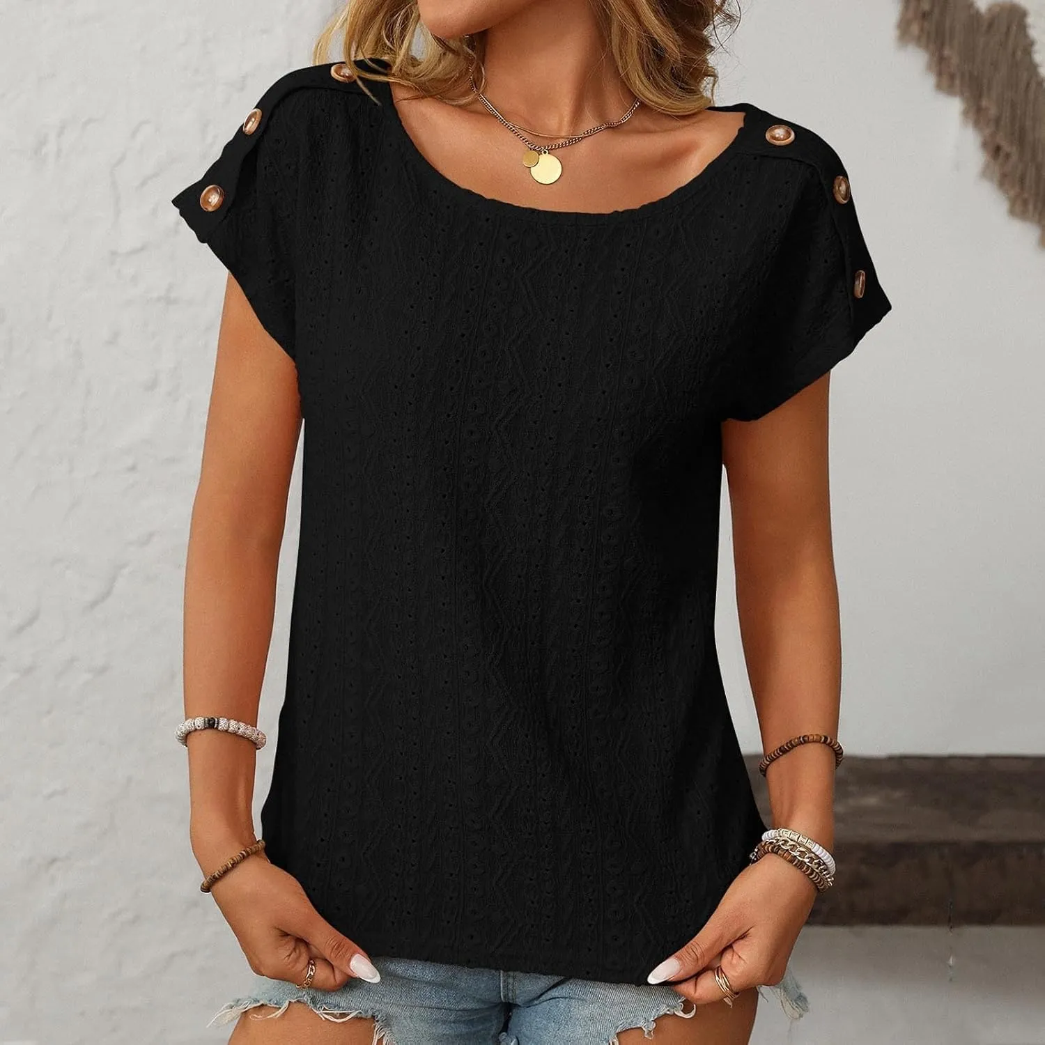 Short Sleeve Shirt Womens Round Neck Eyelet Embroidery Tee Blouse Hollow Out Going Out Basic Casual Loose Tops