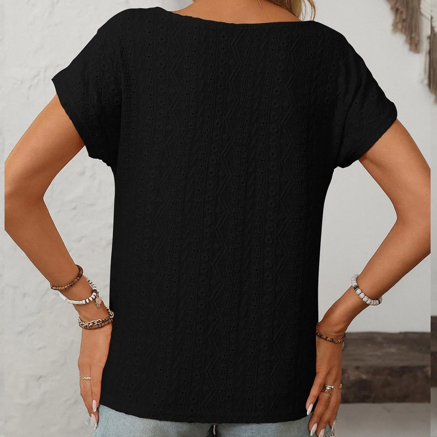 Short Sleeve Shirt Womens Round Neck Eyelet Embroidery Tee Blouse Hollow Out Going Out Basic Casual Loose Tops