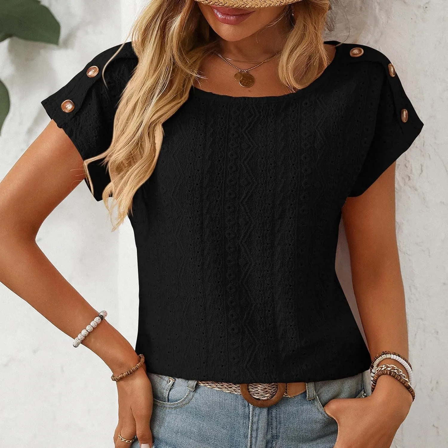 Short Sleeve Shirt Womens Round Neck Eyelet Embroidery Tee Blouse Hollow Out Going Out Basic Casual Loose Tops
