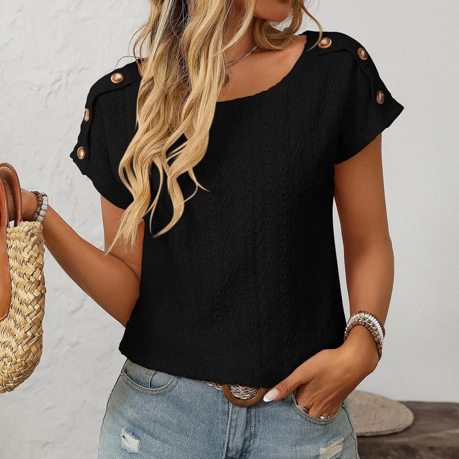 Short Sleeve Shirt Womens Round Neck Eyelet Embroidery Tee Blouse Hollow Out Going Out Basic Casual Loose Tops