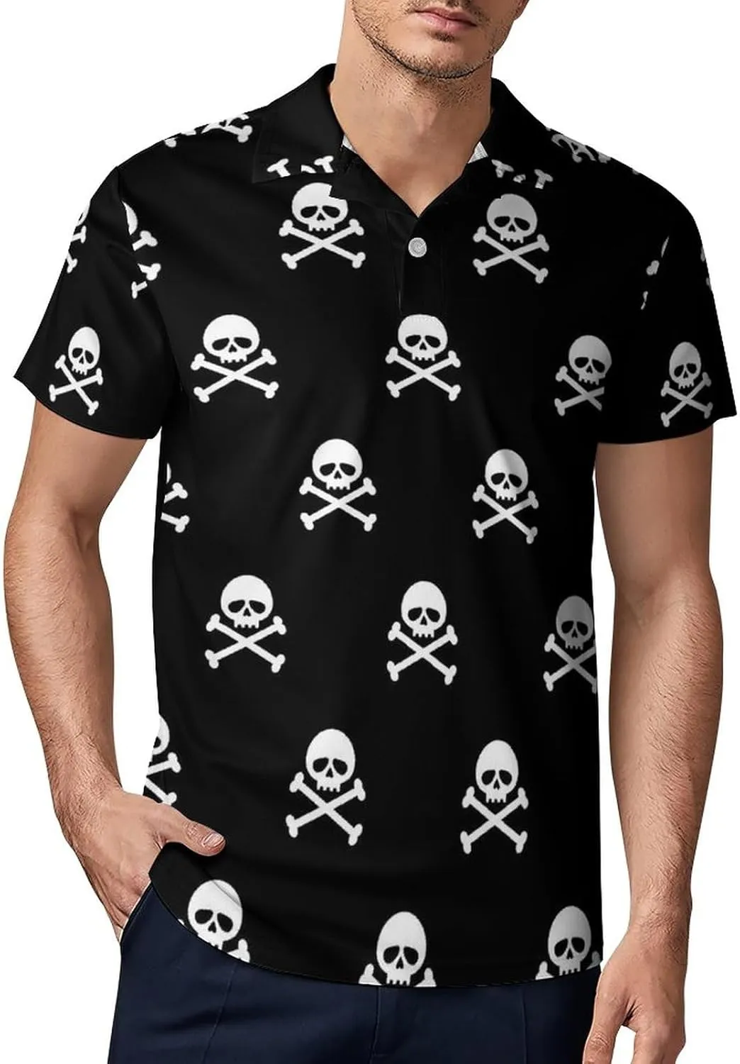 Skull Bone Pirate Classic Polo Shirts for Men Quick Dry Short Sleeve Fit Golf Tees Casual Tops