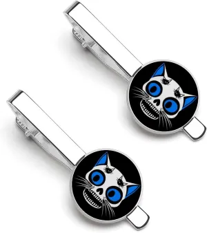 Skull Cat Men's Tie Clips Classic Silver Tack Pins Shirt Cufflinks Suit Accessories for Business Wedding Anniversary