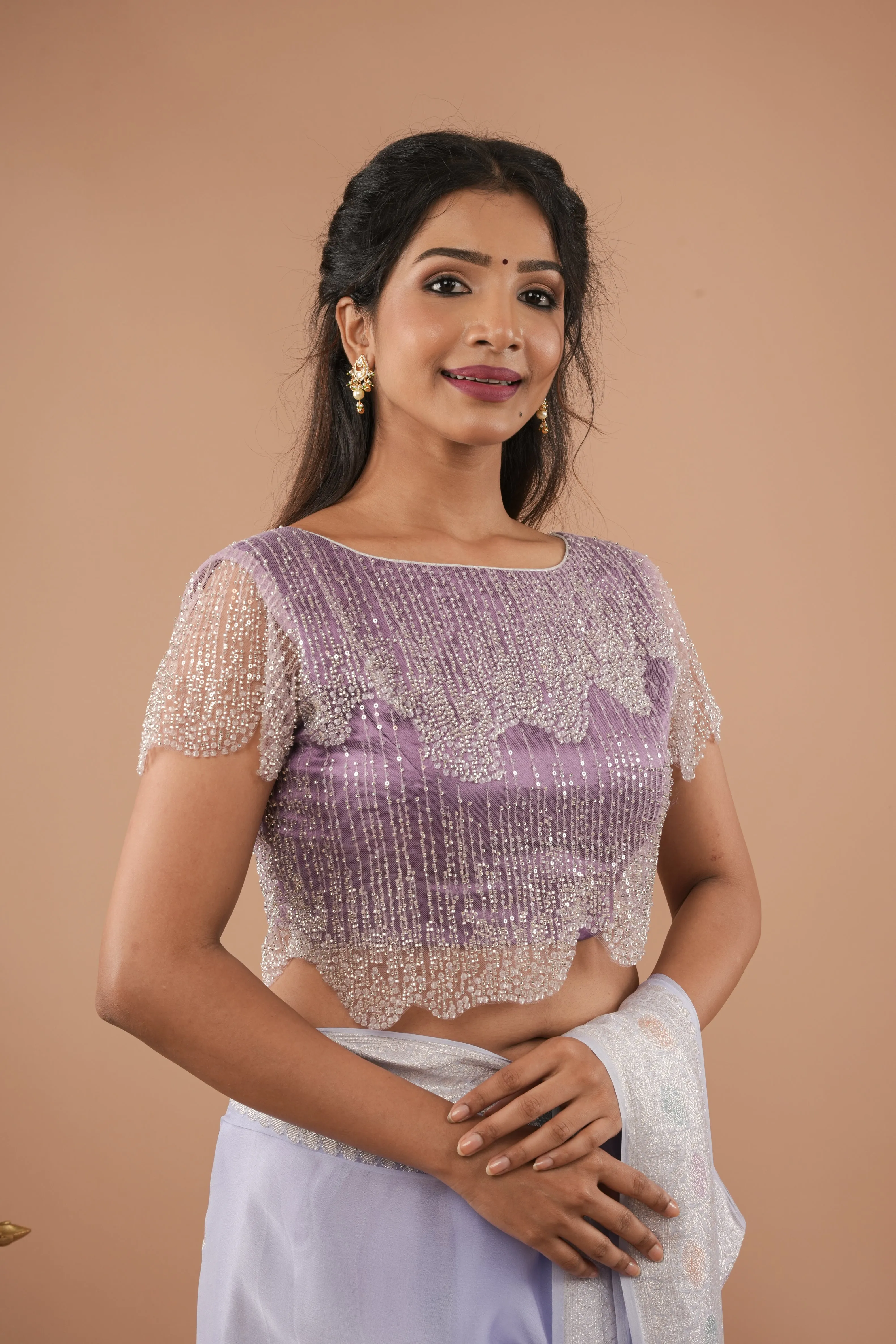Stylish Lilac layered cutdana scalloped blouse / croptop, Customizable, Made to order