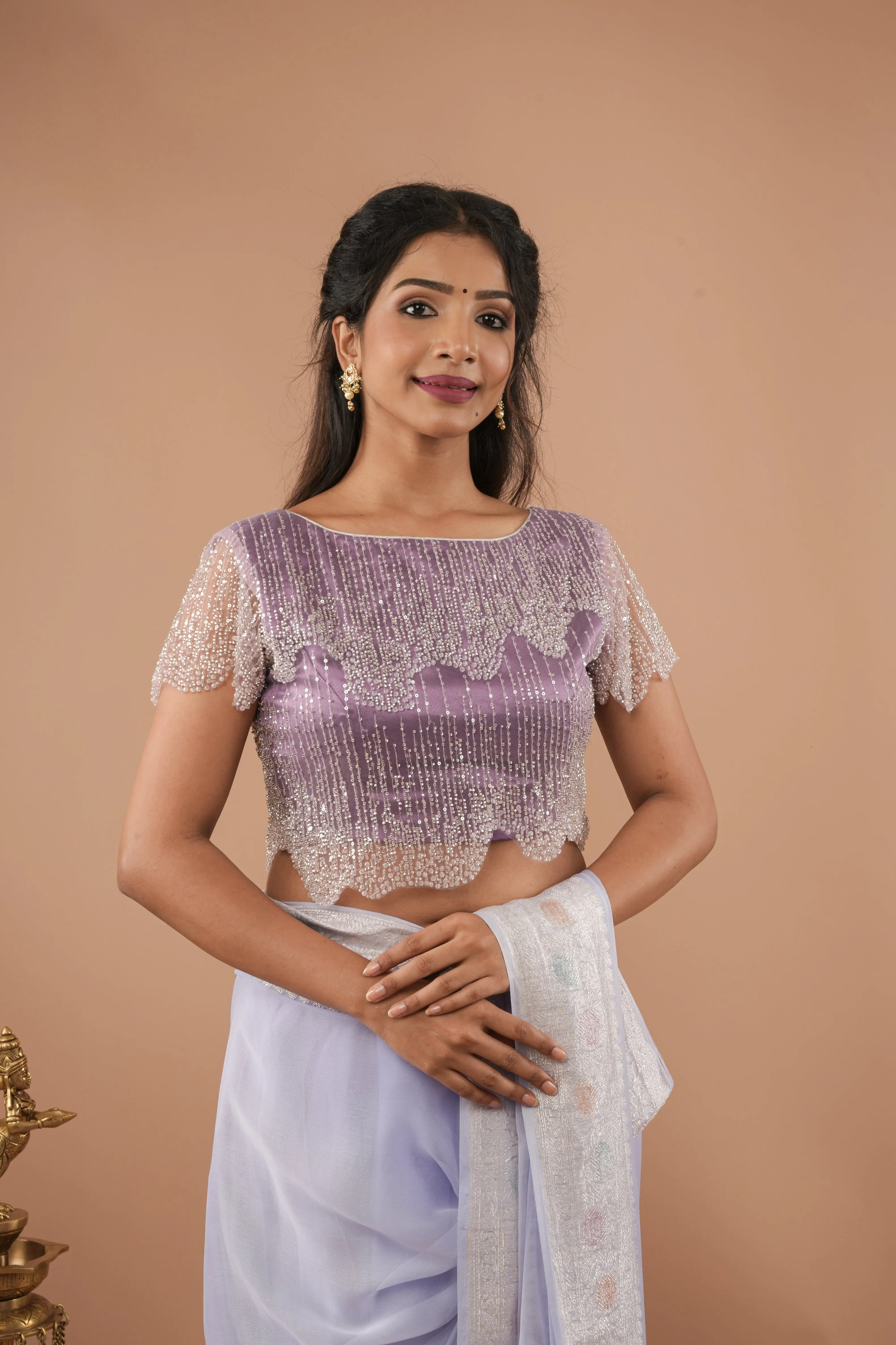 Stylish Lilac layered cutdana scalloped blouse / croptop, Customizable, Made to order