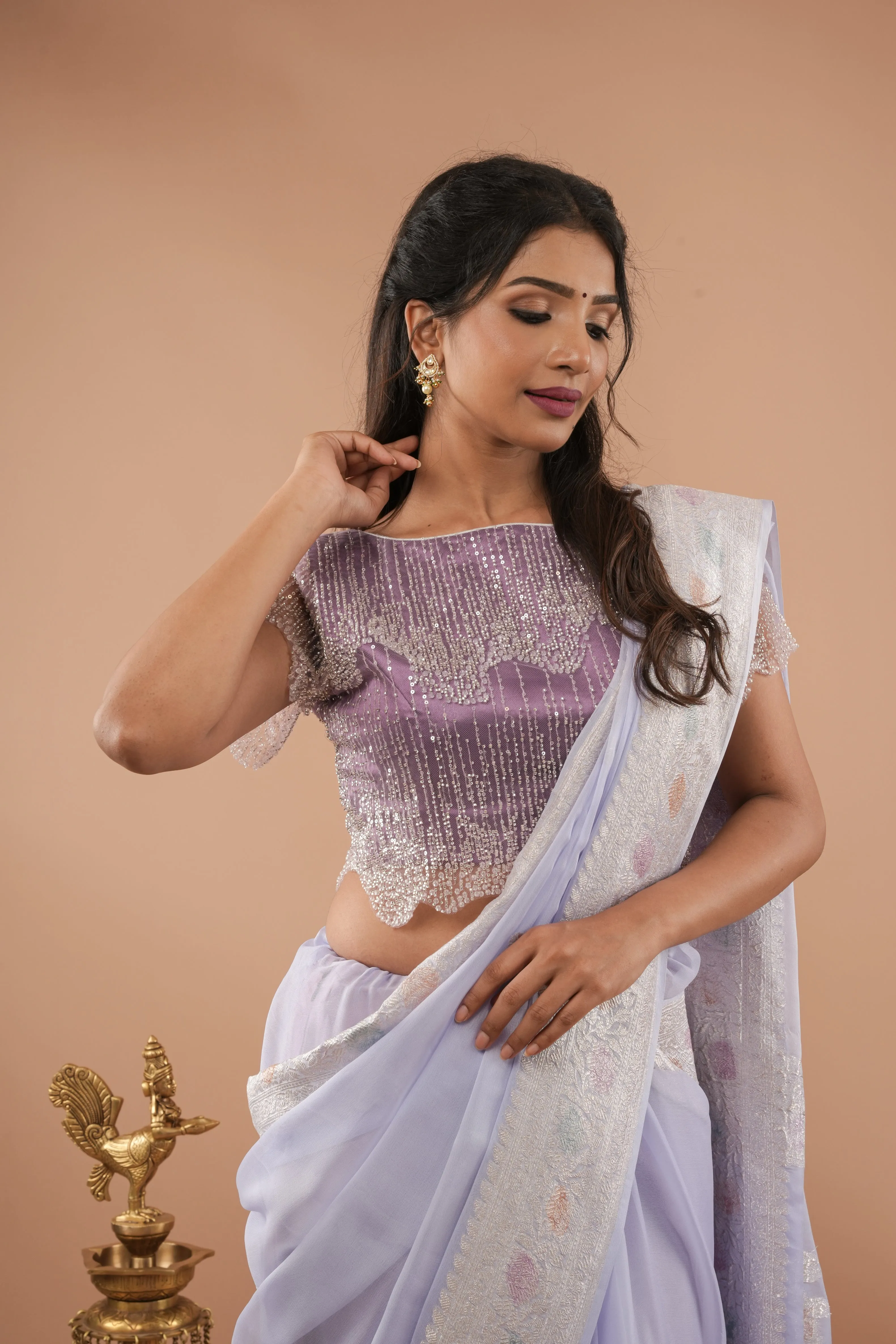 Stylish Lilac layered cutdana scalloped blouse / croptop, Customizable, Made to order