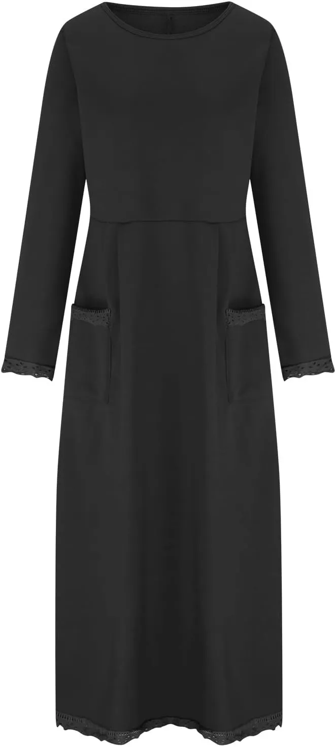 Womens Long Sleeve Sweatshirt Dress Elegant Lace Trim Maxi Dress Muslim Girl Spring Fall Autumn Winter Loose Dress
