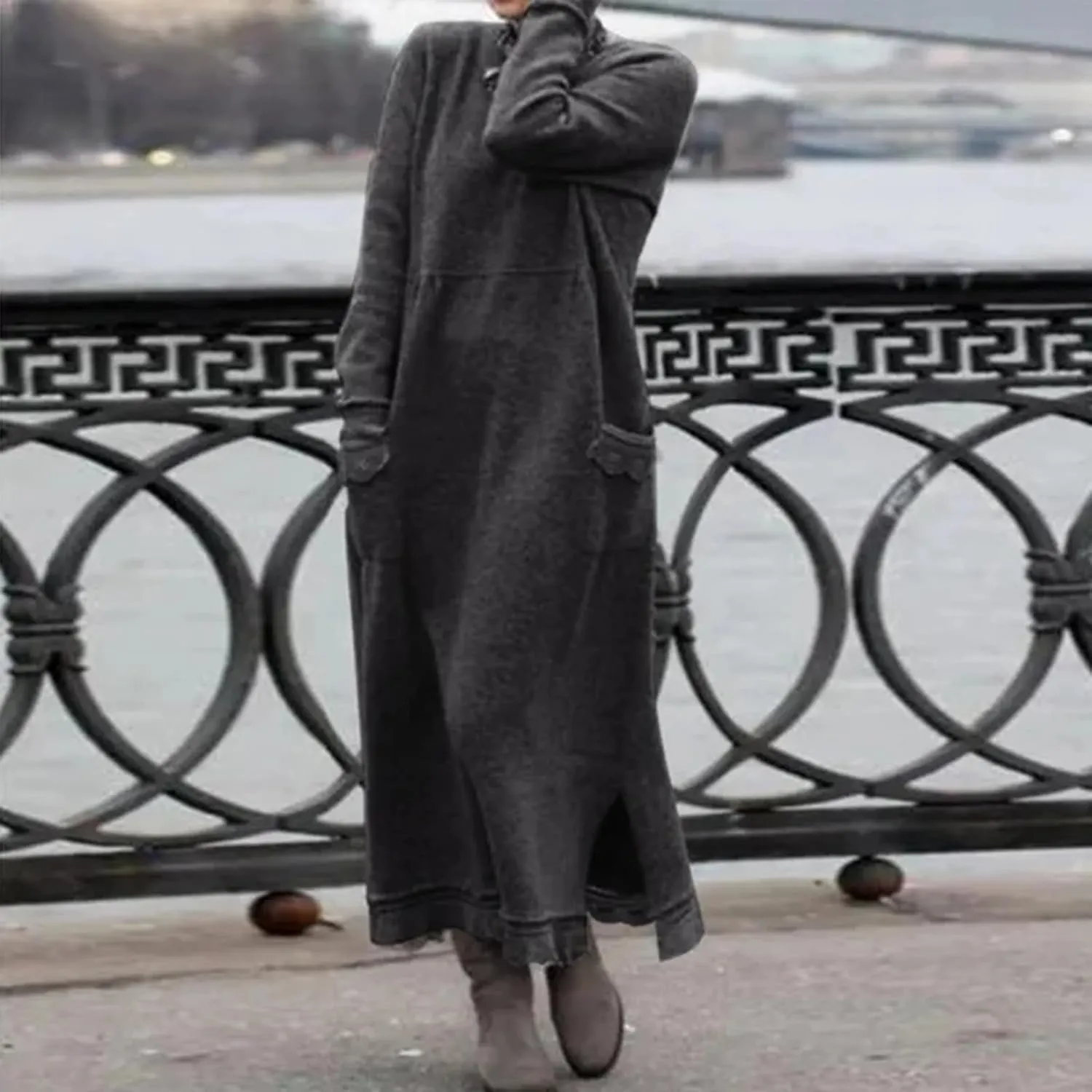 Womens Long Sleeve Sweatshirt Dress Elegant Lace Trim Maxi Dress Muslim Girl Spring Fall Autumn Winter Loose Dress
