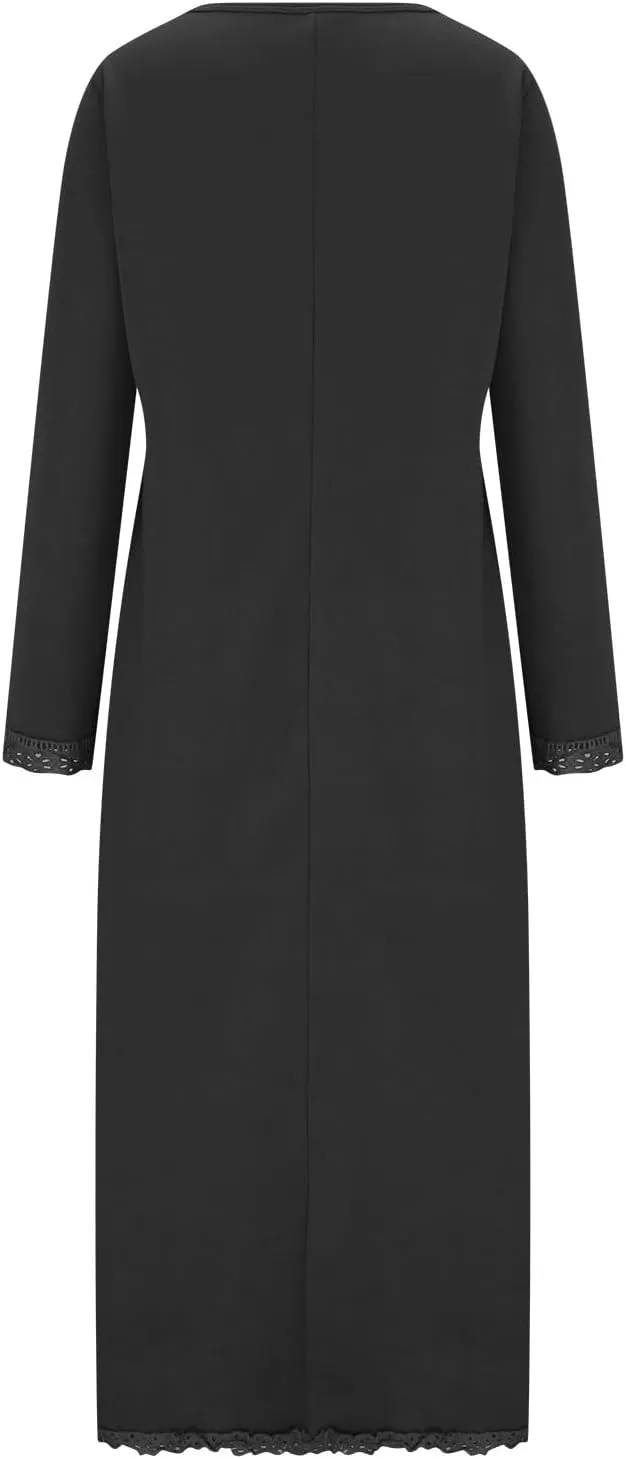 Womens Long Sleeve Sweatshirt Dress Elegant Lace Trim Maxi Dress Muslim Girl Spring Fall Autumn Winter Loose Dress