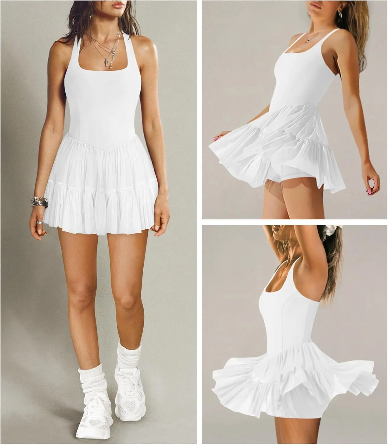 Women's Tennis Flowy Pleated Ruffle Athletic Dress for Women Halter Neck Sleeveless Summer Mini Golf Dress with Shorts Pocket