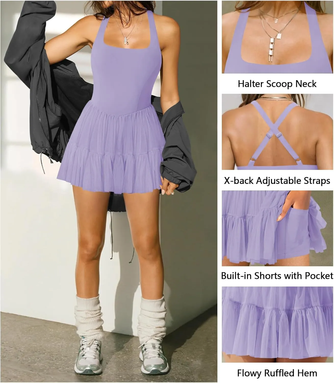 Women's Tennis Flowy Pleated Ruffle Athletic Dress for Women Halter Neck Sleeveless Summer Mini Golf Dress with Shorts Pocket