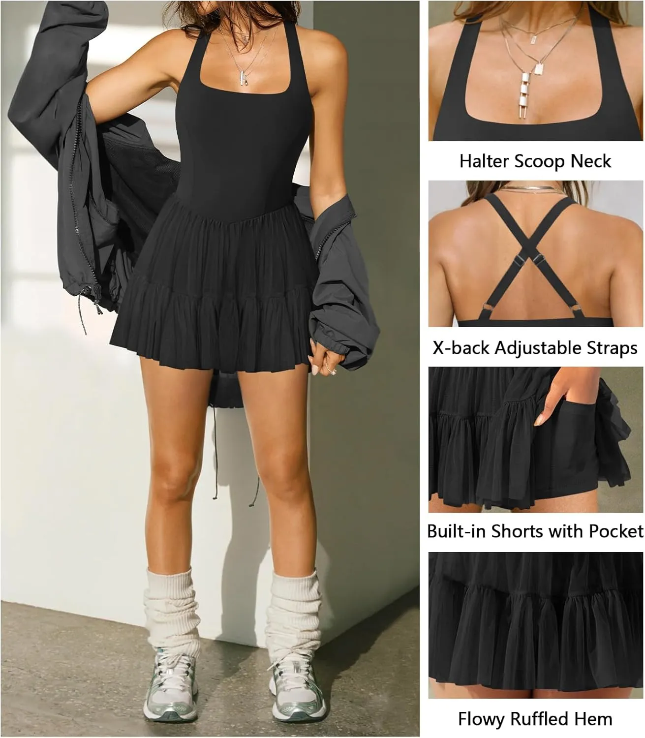 Women's Tennis Flowy Pleated Ruffle Athletic Dress for Women Halter Neck Sleeveless Summer Mini Golf Dress with Shorts Pocket