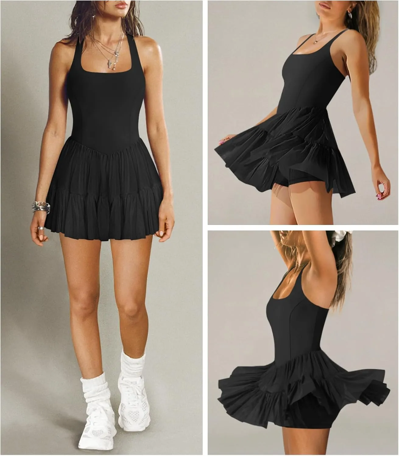 Women's Tennis Flowy Pleated Ruffle Athletic Dress for Women Halter Neck Sleeveless Summer Mini Golf Dress with Shorts Pocket