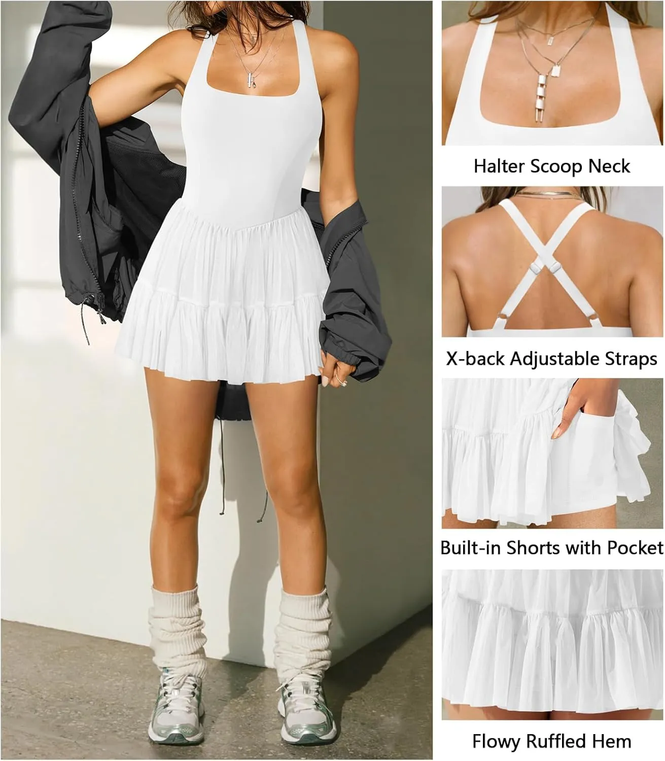 Women's Tennis Flowy Pleated Ruffle Athletic Dress for Women Halter Neck Sleeveless Summer Mini Golf Dress with Shorts Pocket