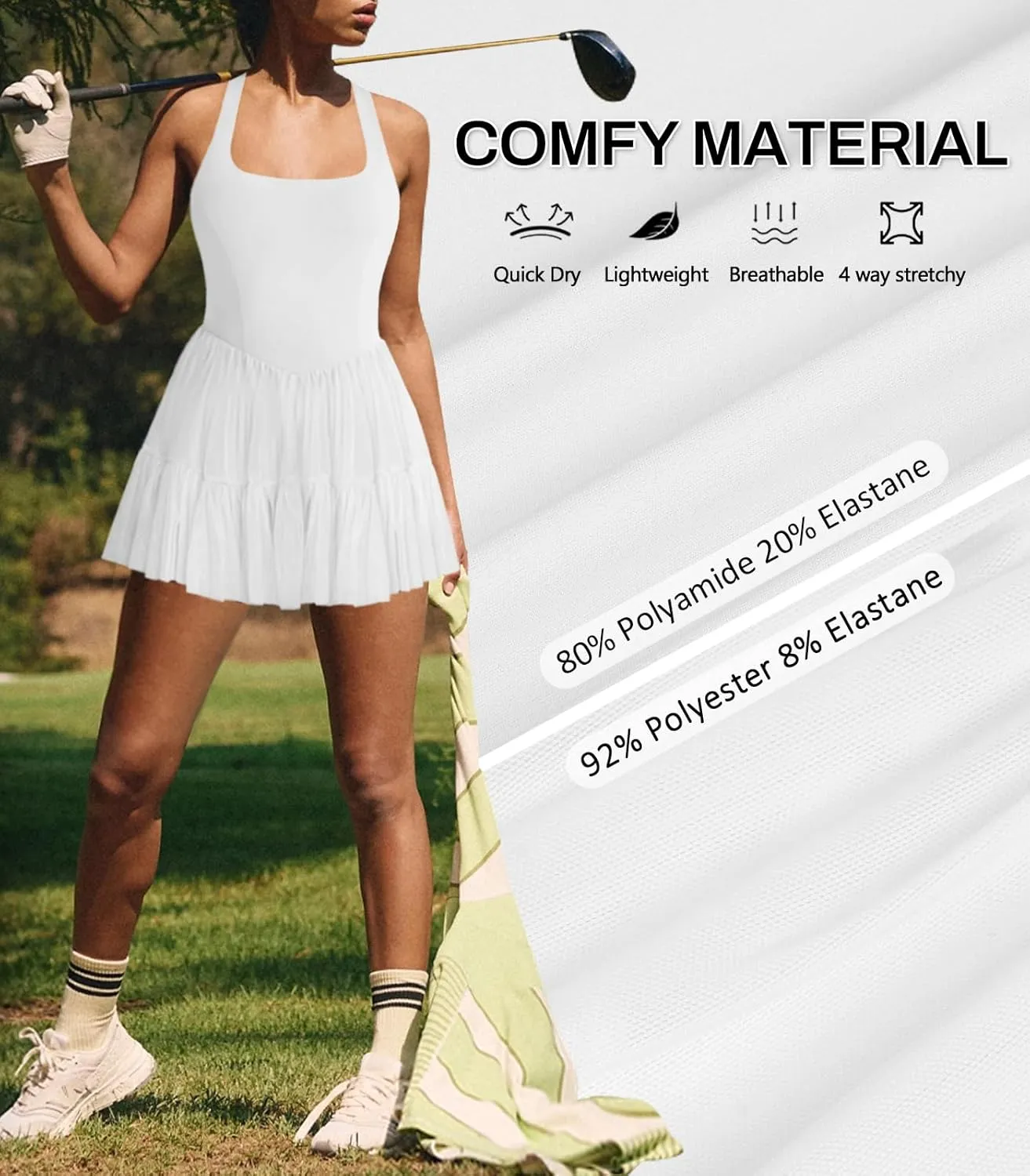 Women's Tennis Flowy Pleated Ruffle Athletic Dress for Women Halter Neck Sleeveless Summer Mini Golf Dress with Shorts Pocket