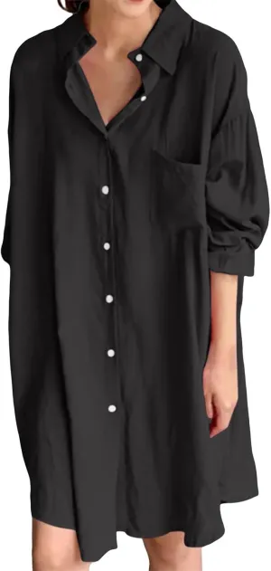 Women's Tunic Mini Shirt Dress Casual Long Sleeve Button Up Ruffle Hem Dress Flowy Chambray Dresses