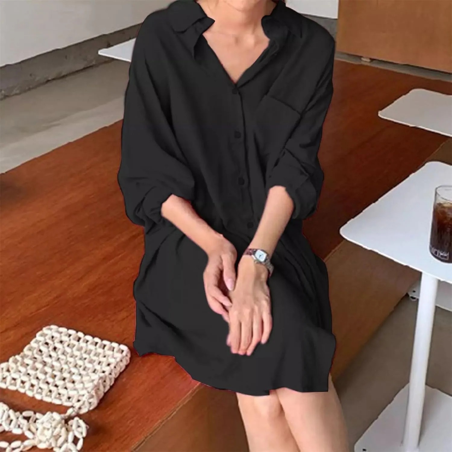 Women's Tunic Mini Shirt Dress Casual Long Sleeve Button Up Ruffle Hem Dress Flowy Chambray Dresses